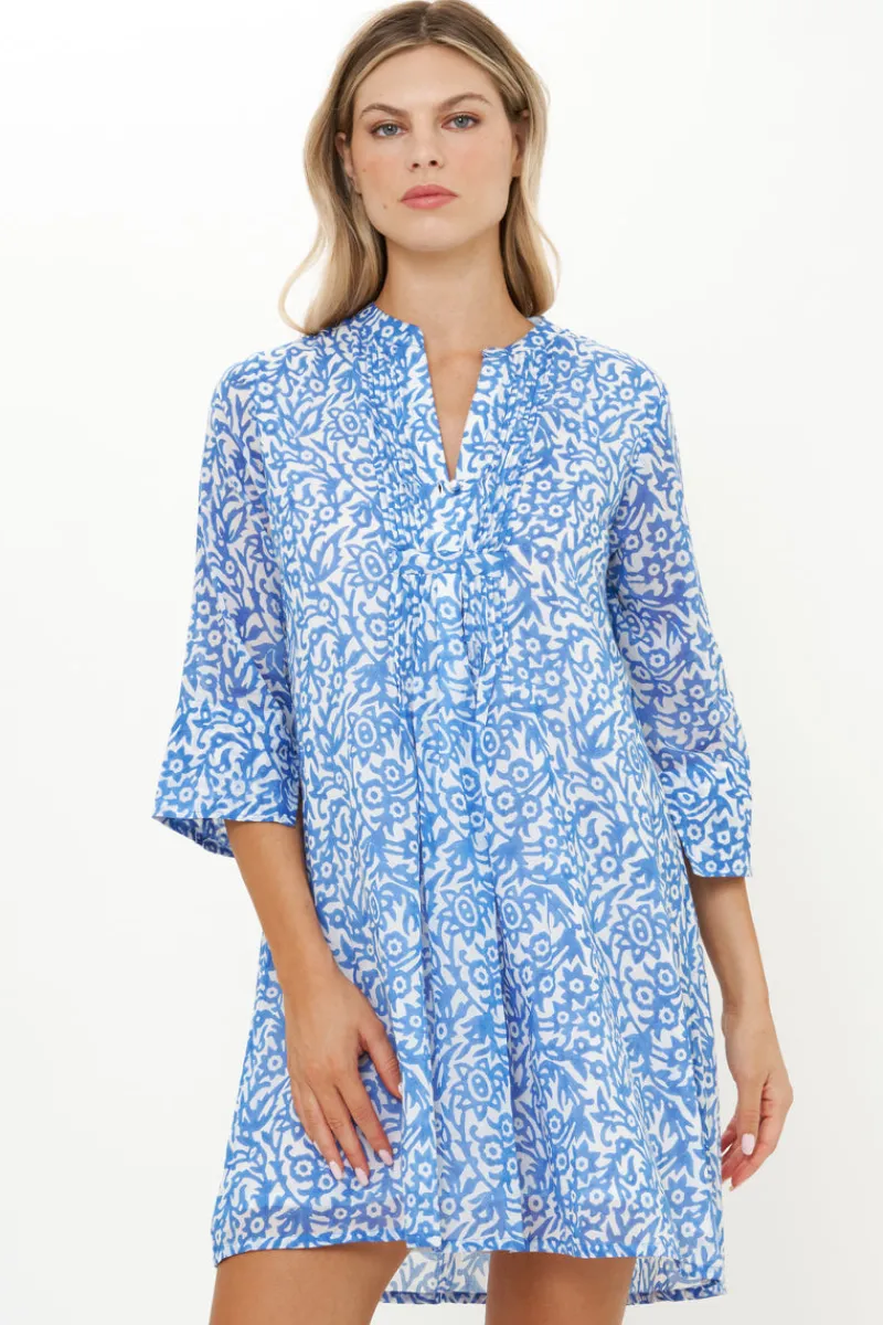 Oliphant 3/4 Sleeve Pintuck Short- Cypress Blue