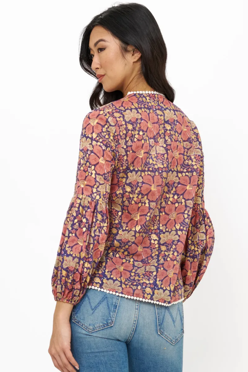 Oliphant Balloon Sleeve Tie Top- Matera Navy