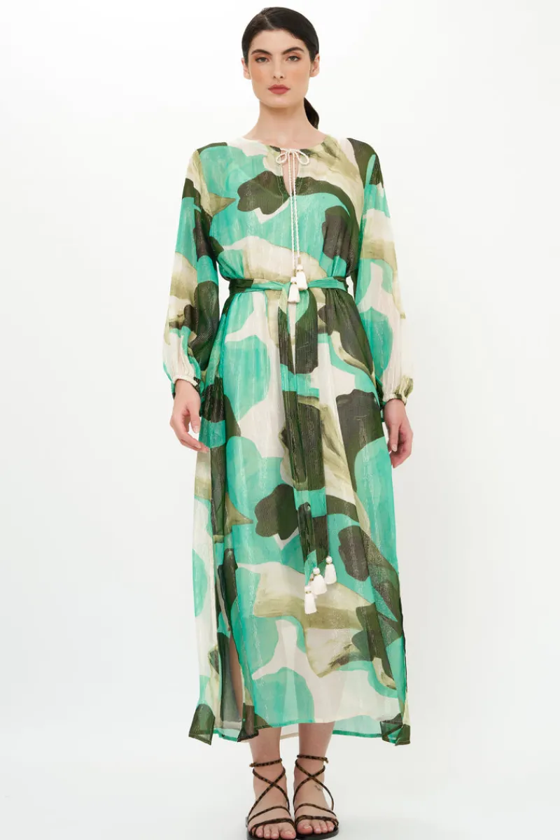 Oliphant Belted Long Sleeve Shift Maxi- Ginkgo Green