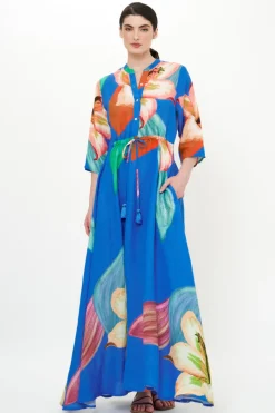 Oliphant Cinched Shirt Dress Maxi- Hibiscus Blue