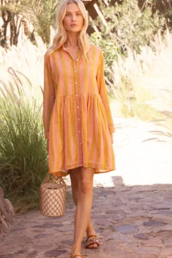 Oliphant Long Sleeve Shirt Dress Mini- Cabana Coral