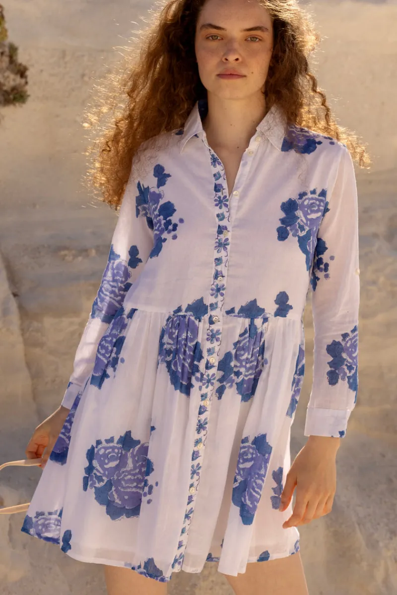 Oliphant Long Sleeve Shirt Dress Mini- Portofino Blue