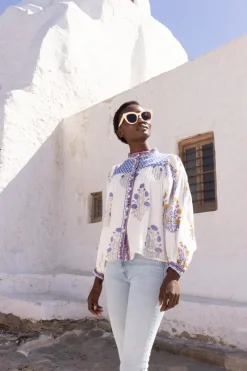 Oliphant Mandarin Pintuck Blouse- Napa Blue