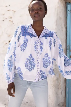 Oliphant Mandarin Pintuck Blouse- Salvia Blue
