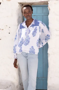 Oliphant Mandarin Pintuck Blouse- Salvia Blue