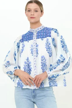 Oliphant Mandarin Pintuck Blouse- Salvia Blue