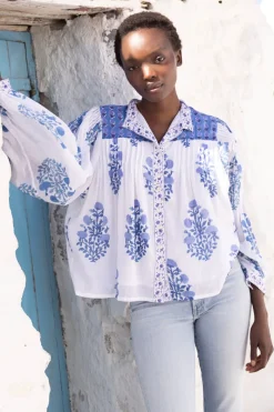 Oliphant Mandarin Pintuck Blouse- Salvia Blue