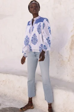 Oliphant Mandarin Pintuck Blouse- Salvia Blue