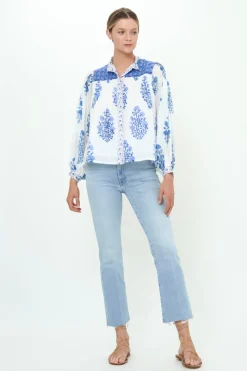 Oliphant Mandarin Pintuck Blouse- Salvia Blue