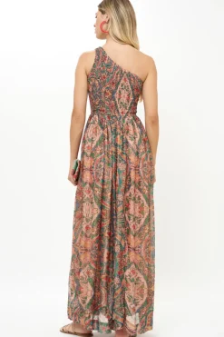 Oliphant One Shoulder Smocked Maxi- Persia Aqua