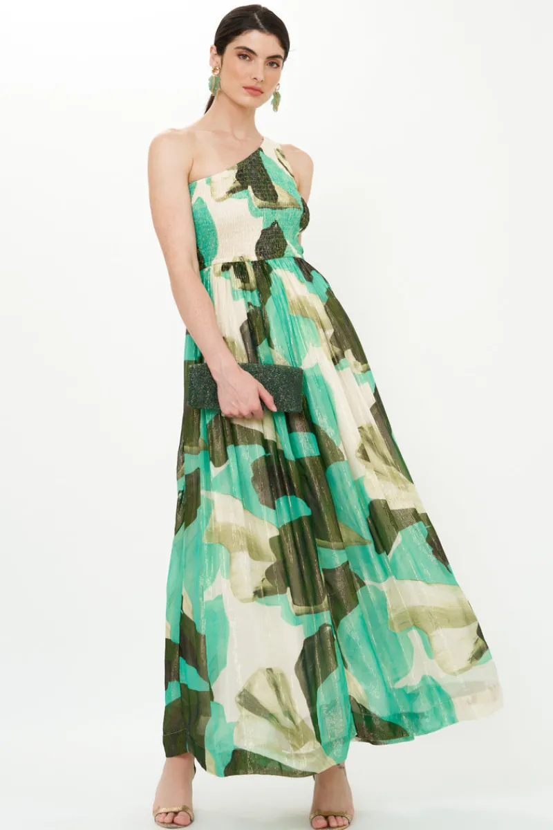 Oliphant One Shoulder Smocked Maxi- Ginkgo Green