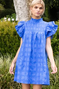 Oliphant Pintuck Ruffle Mini Dress- Matrix Blue