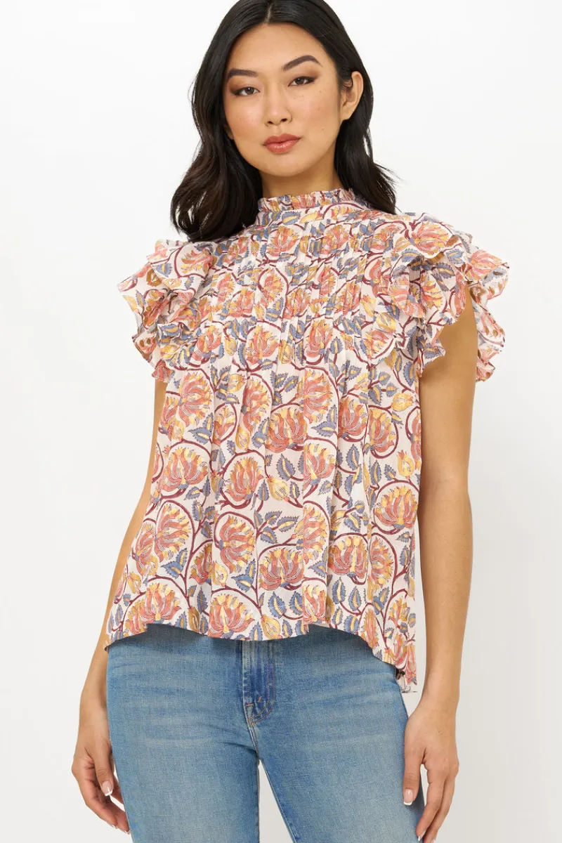 Oliphant Pintuck Ruffle Top- Montenegro Coral