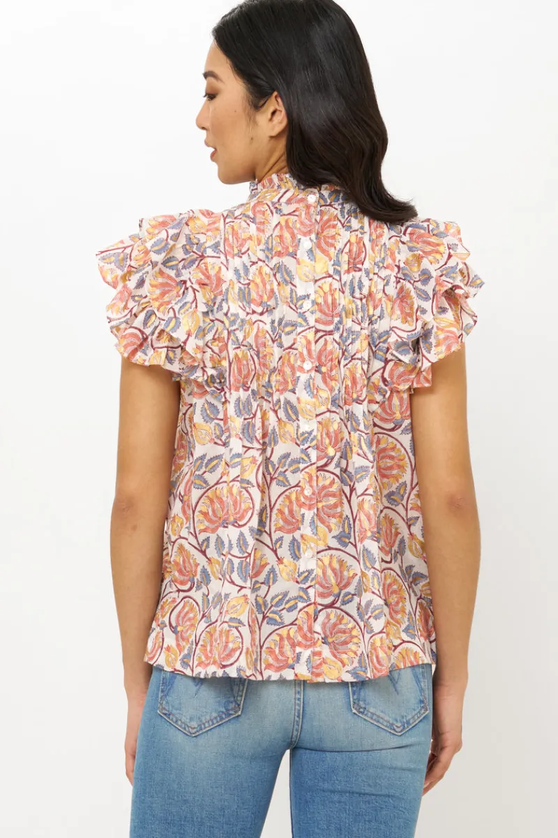 Oliphant Pintuck Ruffle Top- Montenegro Coral