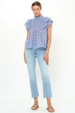 Oliphant Pintuck Ruffle Top- Veranda Blue