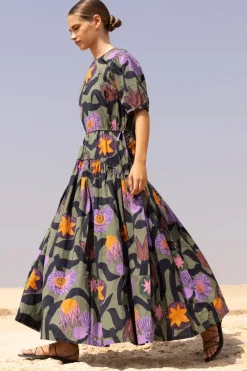 Oliphant Piped Puff Sleeve Maxi- Bergen Olive
