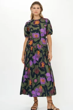 Oliphant Piped Puff Sleeve Maxi- Bergen Olive