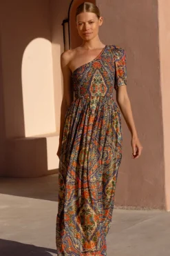 Oliphant Puff Sleeve One Shoulder Smocked Maxi- Persia Cobalt