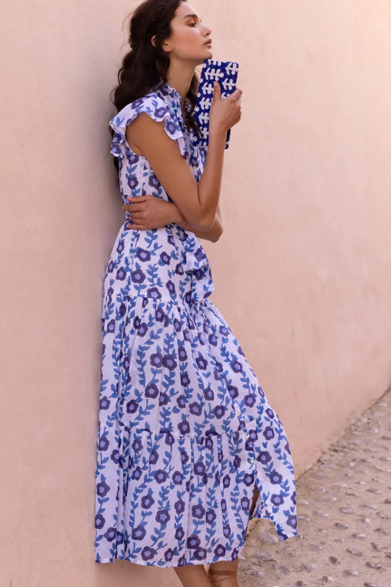 Oliphant Ruffle Collar Button Maxi- Toscana Blue