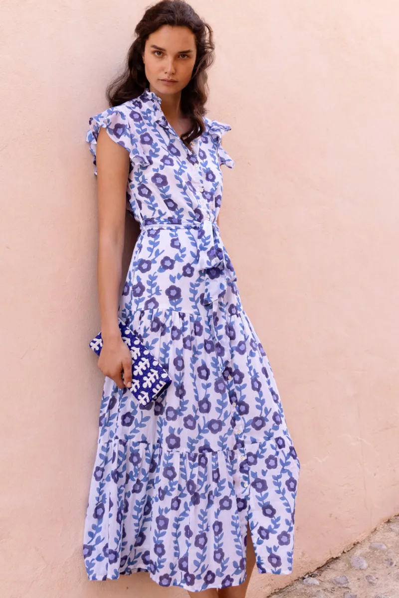 Oliphant Ruffle Collar Button Maxi- Toscana Blue