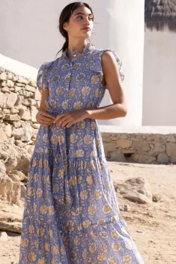Oliphant Ruffle Collar Button Maxi- Mughal Blue