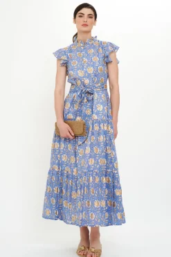 Oliphant Ruffle Collar Button Maxi- Mughal Blue