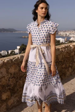 Oliphant Ruffle Collar Button Maxi- Lotus Navy