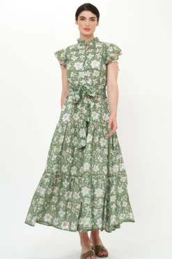 Oliphant Ruffle Collar Button Maxi- Ivy Olive
