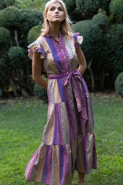 Oliphant Ruffle Collar Button Maxi- Torino Blue