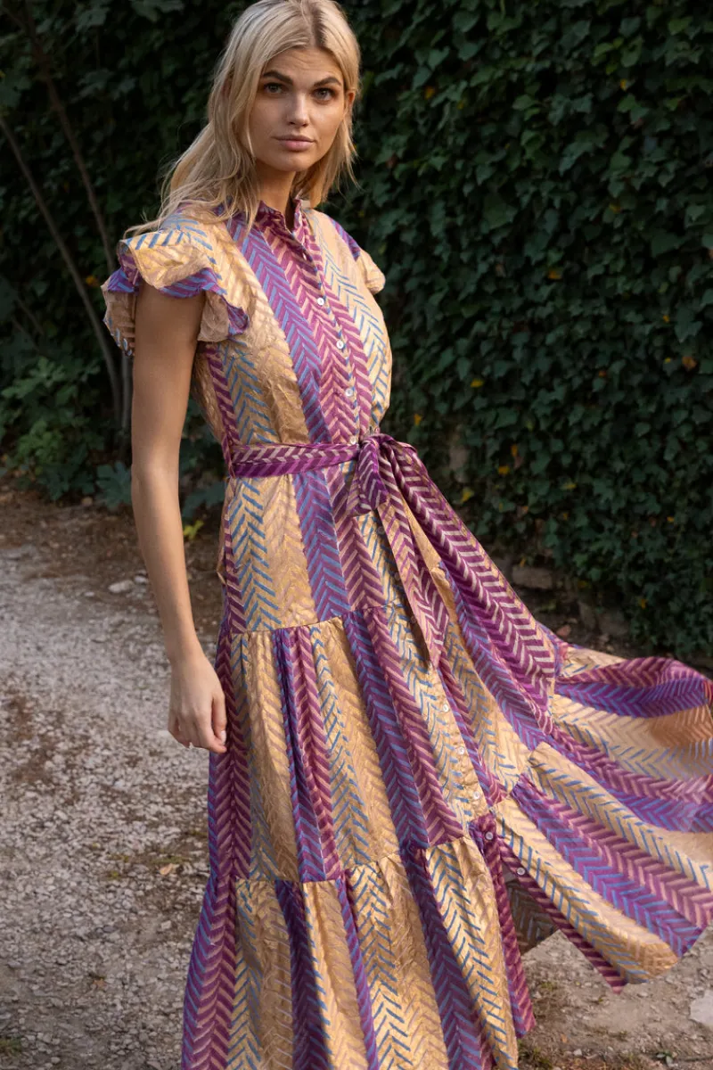 Oliphant Ruffle Collar Button Maxi- Torino Blue