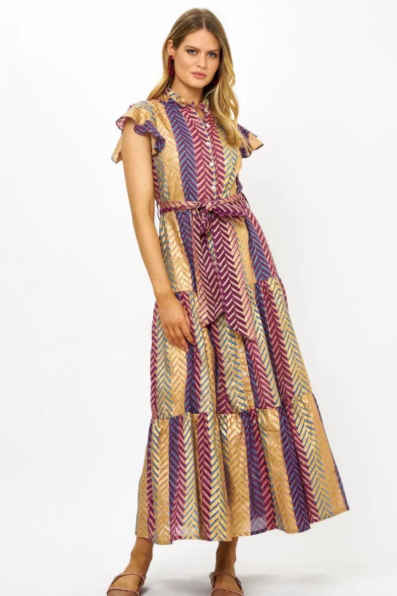 Oliphant Ruffle Collar Button Maxi- Torino Blue