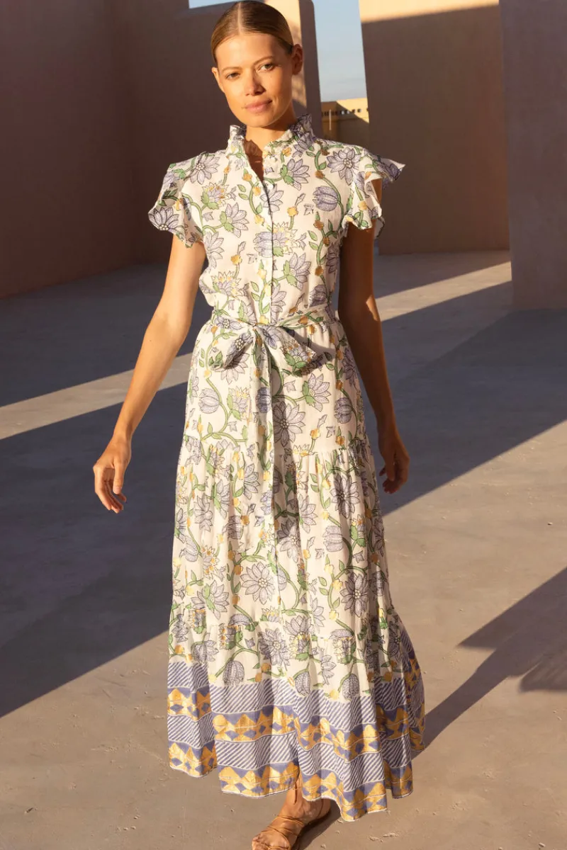 Oliphant Ruffle Collar Button Maxi- Presidio Blue