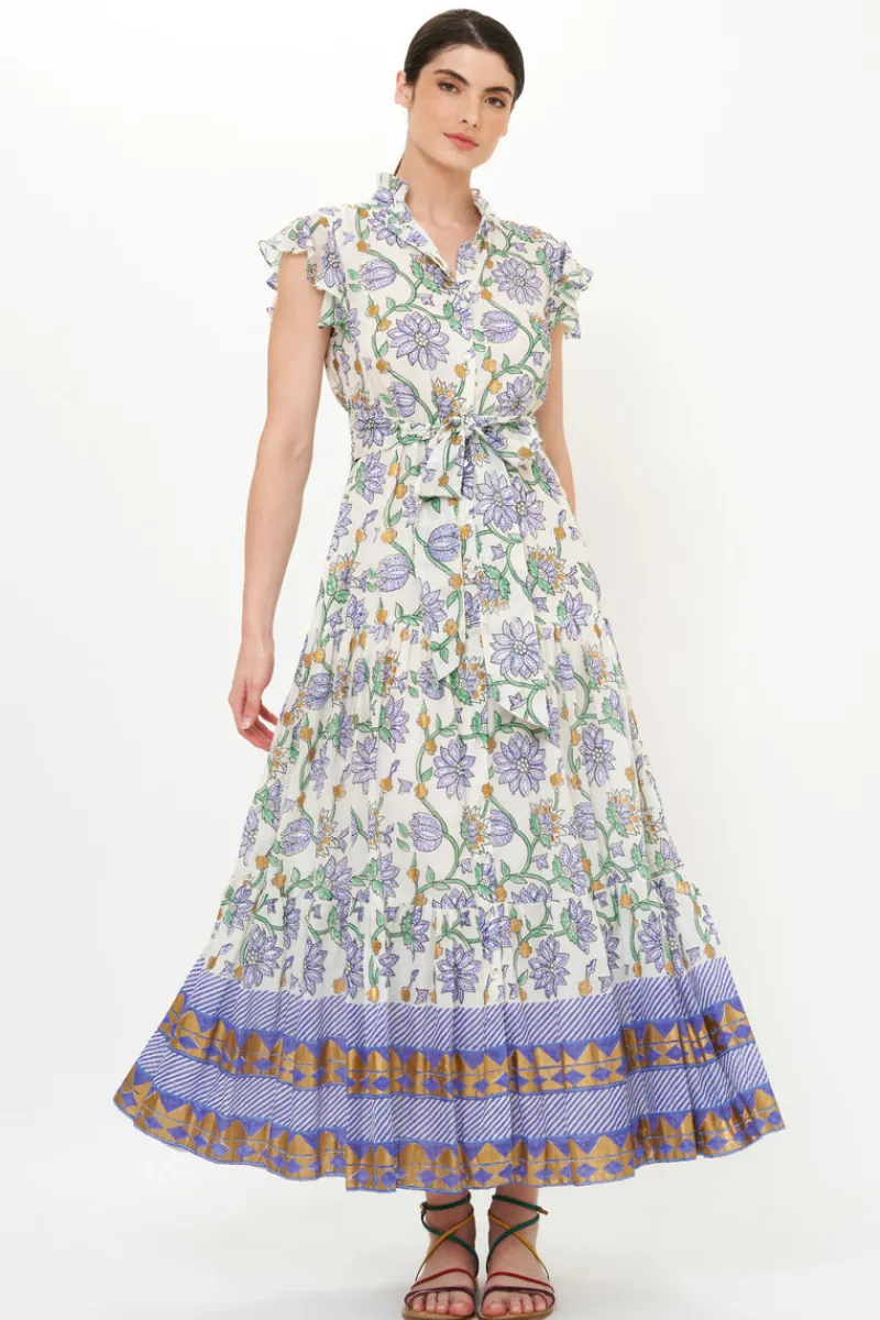 Oliphant Ruffle Collar Button Maxi- Presidio Blue