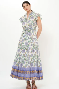 Oliphant Ruffle Collar Button Maxi- Presidio Blue