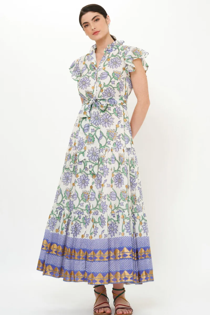 Oliphant Ruffle Collar Button Maxi- Presidio Blue