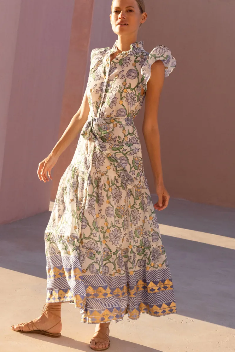 Oliphant Ruffle Collar Button Maxi- Presidio Blue