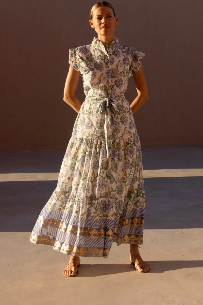 Oliphant Ruffle Collar Button Maxi- Presidio Blue