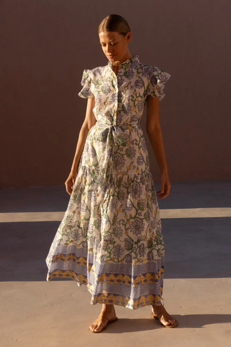Oliphant Ruffle Collar Button Maxi- Presidio Blue