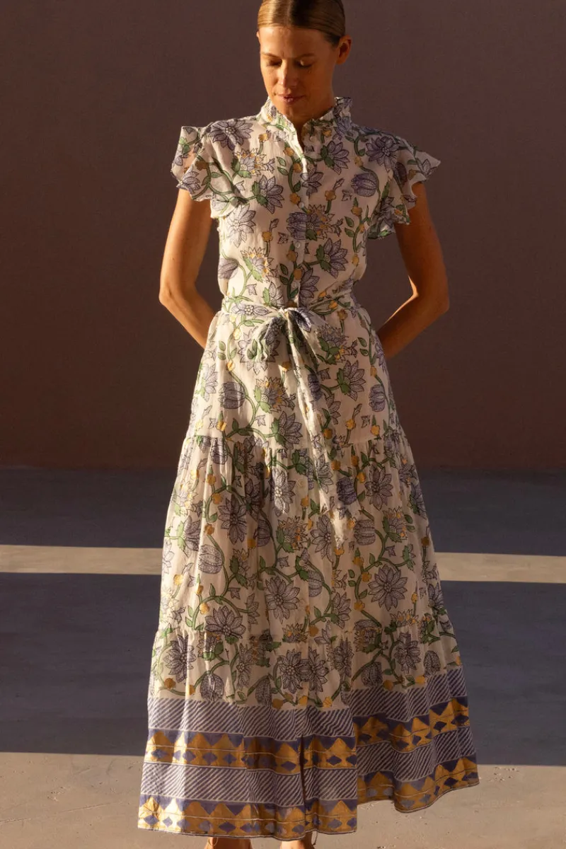Oliphant Ruffle Collar Button Maxi- Presidio Blue