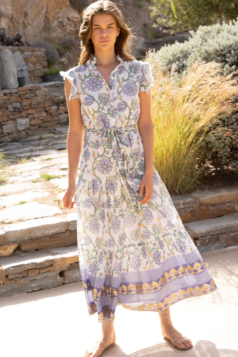 Oliphant Ruffle Collar Button Maxi- Presidio Blue