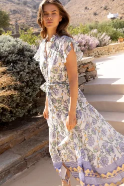 Oliphant Ruffle Collar Button Maxi- Presidio Blue
