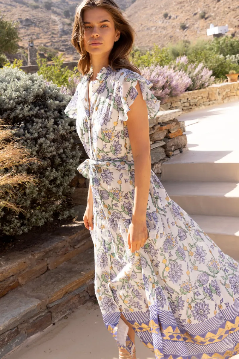 Oliphant Ruffle Collar Button Maxi- Presidio Blue