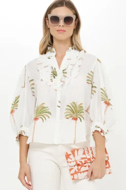 Oliphant Ruffle Front Button Blouse- Canary Green