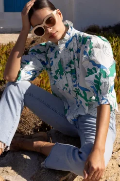 Oliphant Ruffle Front Button Blouse- Orchid Green