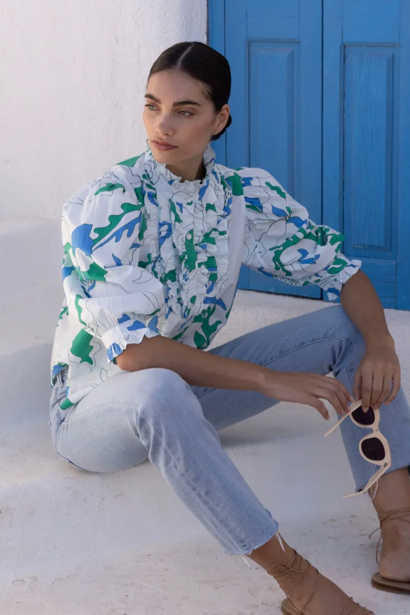 Oliphant Ruffle Front Button Blouse- Orchid Green