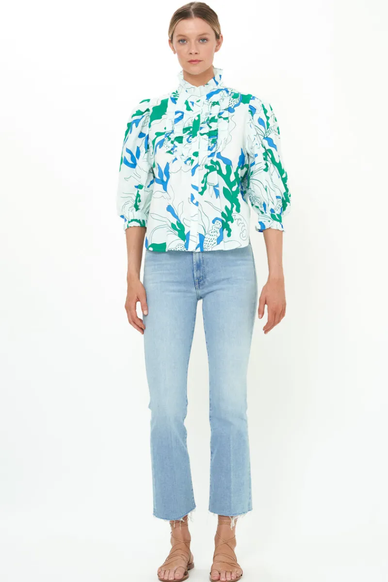 Oliphant Ruffle Front Button Blouse- Orchid Green