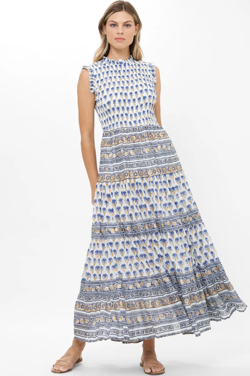 Oliphant Sleeveless Smocked Maxi- Lotus Navy