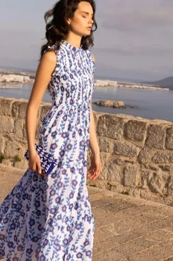 Oliphant Sleeveless Smocked Maxi- Toscana Blue