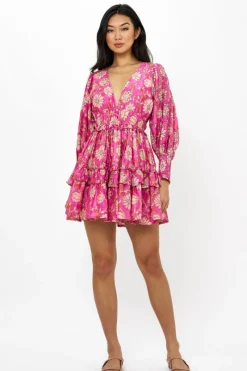 Oliphant Smocked Waist V-Neck Mini- Presidio Magenta