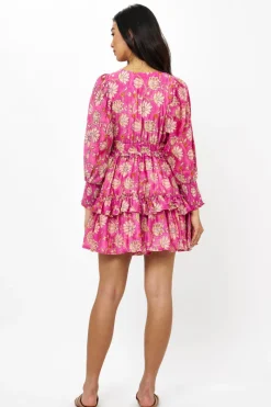 Oliphant Smocked Waist V-Neck Mini- Presidio Magenta
